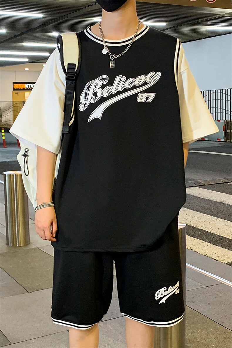 夏季时尚休闲套装假两件纯棉男宽松短袖短裤篮球服F312P60控89,男装牛仔裤,电商A086