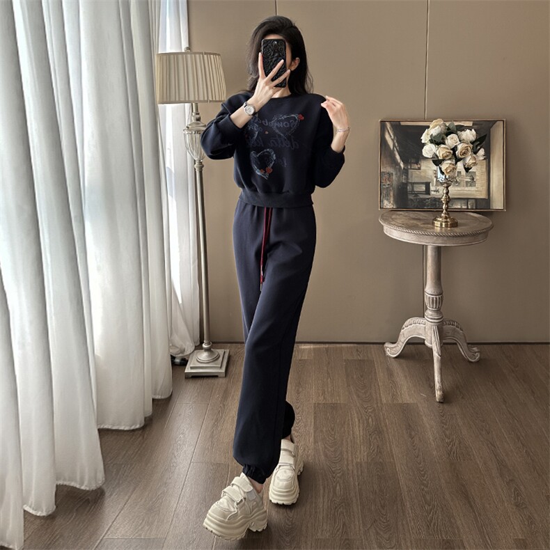 女春秋新款慵懒风深蓝色卫衣卫裤套装,女装套装/套裙,江南