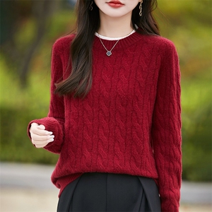 25秋冬100%纯羊毛衫女圆领拼色扭花假两件针织毛衣宽松加厚羊绒衫图片