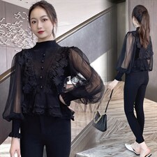 2021春装新款时尚休闲宽松舒适针织衫，女装蕾丝衫/雪纺衫，深水步