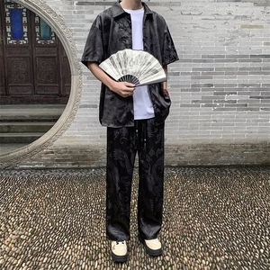 新中式风套装男龙纹衬衫短袖裤子夏季2024新款男装搭配图片