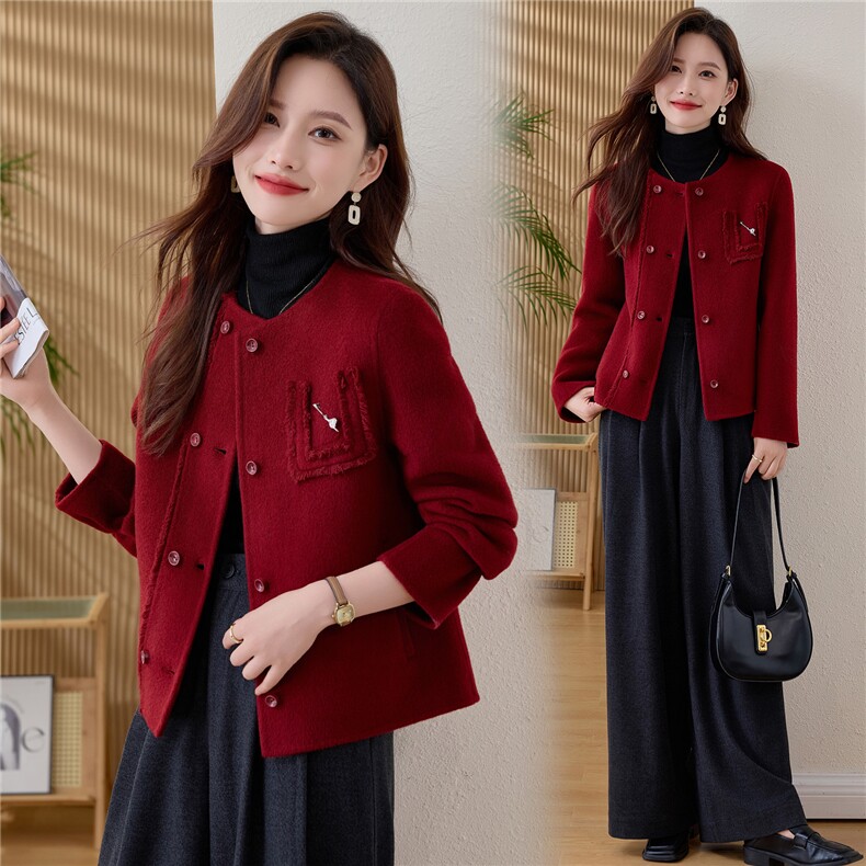 新中式双面羊毛短外套女2025冬款新款高级感复古毛呢大衣，女装毛呢外套，众宇琦