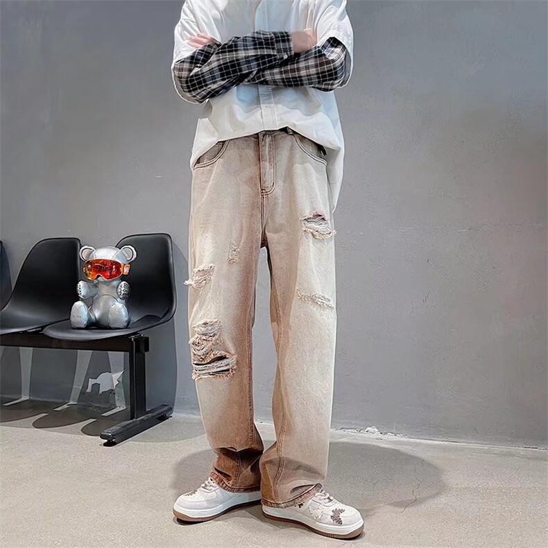 美式高街水洗做旧破洞渐变牛仔裤男ins复古宽松休闲裤N08087-P50,男装牛仔裤,星座308B-1