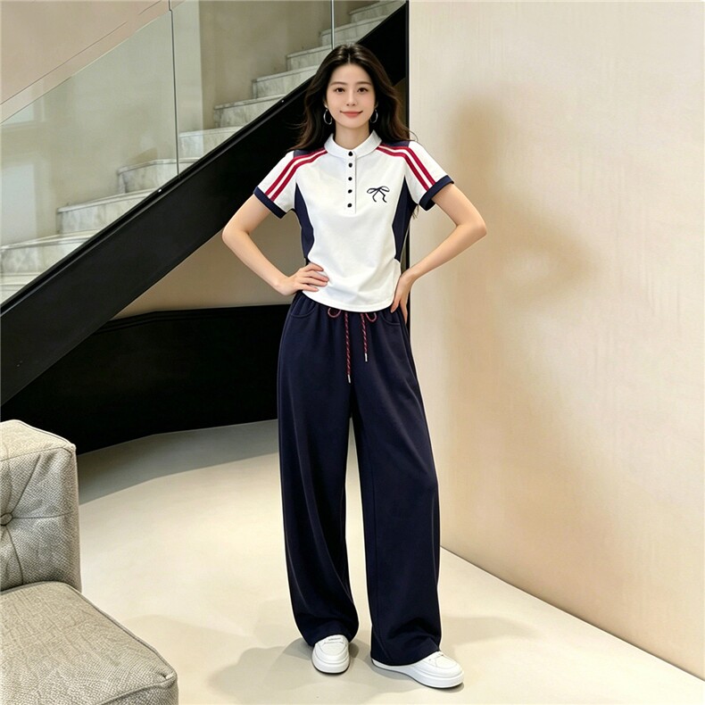 设计款时尚休闲套装女夏款简约百搭条纹拼接短袖上衣阔腿裤两件套,女装套装/套裙,江南