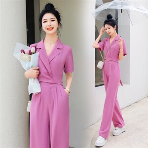 时尚气质紫色两件套装女夏季新款显瘦职业装短袖西服外套阔腿裤图片
