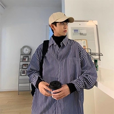 高领条纹假两件衬衫复古港风日系痞帅宽松拼接外套C74P42，男装衬衫，星座1116-2