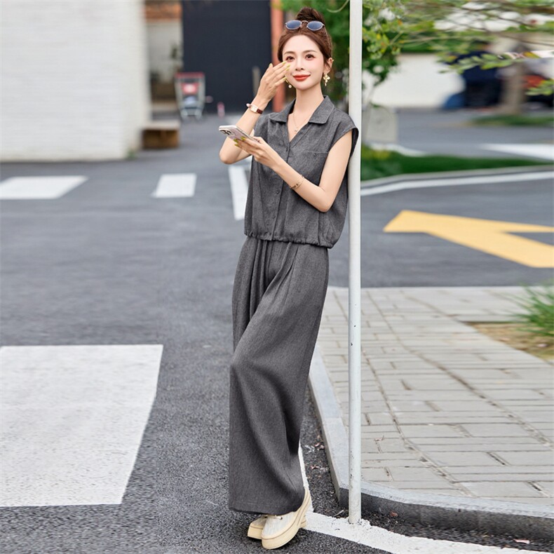 蓝色高级感韩系套装女小个子2025夏季新款V领衬衫+宽松百搭阔腿裤,女装套装/套裙,美拉德工厂直营店
