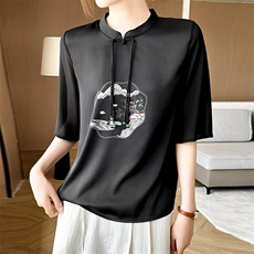 新中式国风女装2025新款立领短袖t恤刺绣缎面夏宽松显瘦半袖体恤，女装衬衫，温伦斯特羊绒