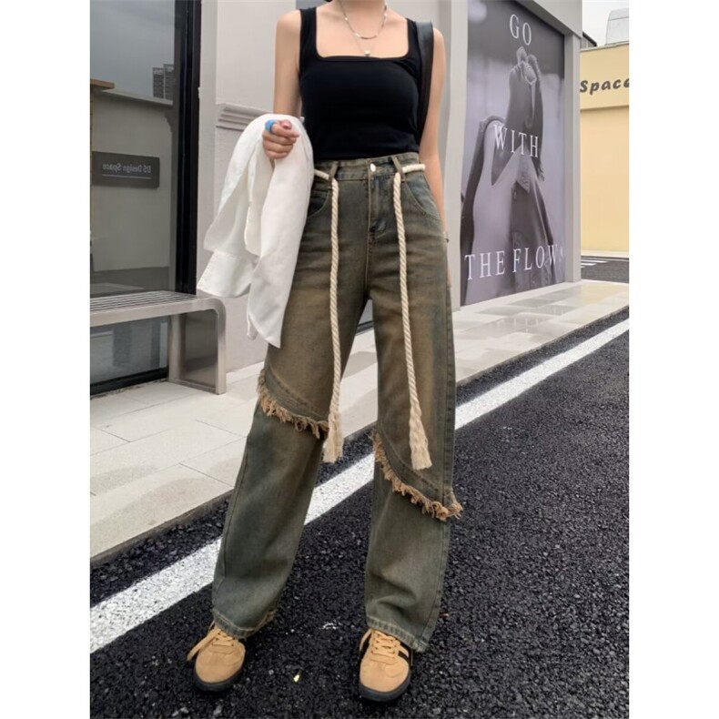 复古毛边设计直筒牛仔裤女夏季炸街高腰宽松阔腿拖地裤N3122-p48，女装牛仔裤，星座1008-2