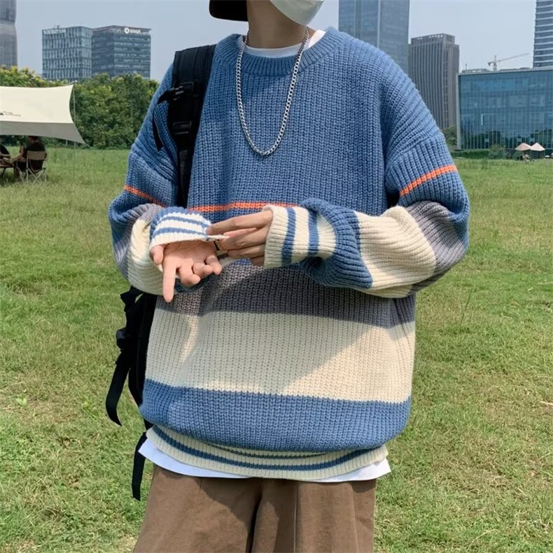 拼色毛衣男ins潮宽松大码慵懒针织衫 X681 P38图片
