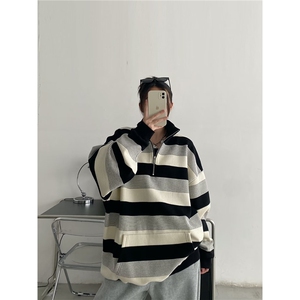 美式复古oversize条纹卫衣女春秋季薄款宽松bf慵懒风小众长袖上衣图片