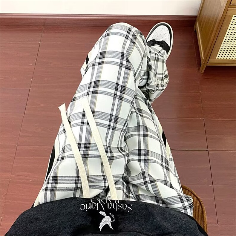 港风格子休闲裤男秋季高街ins潮牌宽松阔腿裤直筒老爹裤K199-P35,男装休闲裤,星座1008