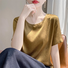圆领新款针织女短袖纯色简约百搭宽松套头，女装针织衫/毛衣，绒宛羊绒