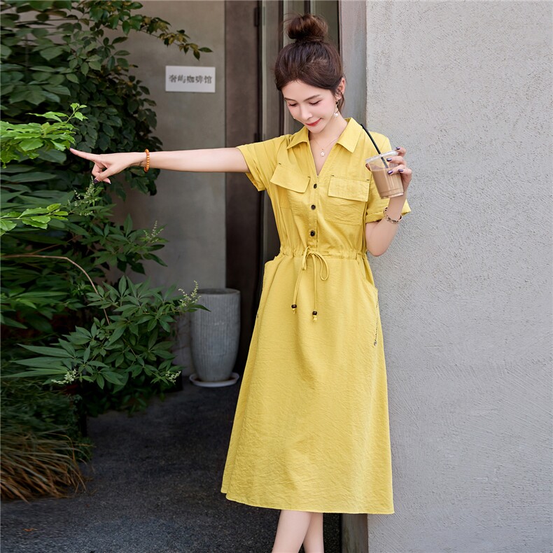 气质显瘦连衣裙女夏季2025新款休闲遮肚高端别致法式黄色a字裙子,女装连衣裙,意芙