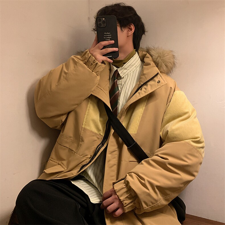 港风2026新品冬季宽松撞色棉服派克服毛领冬装加厚外套D009-P145,男装棉衣,星座717