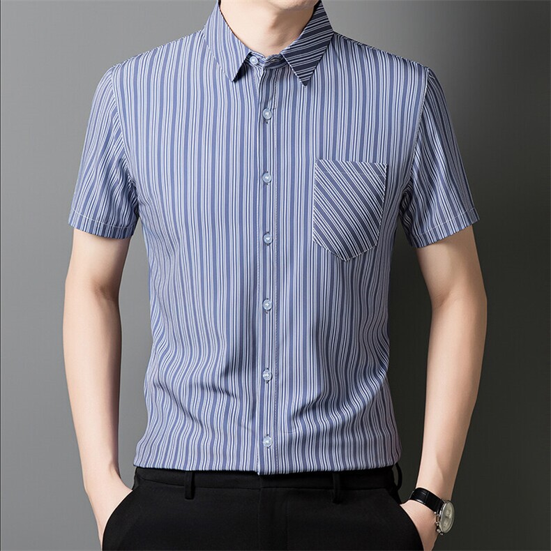 夏季短袖衬衫竖条休闲商务男士口袋开衫简约时尚透气男装图片