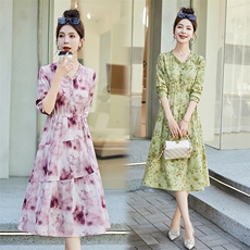 棉麻碎花连衣裙女2025春秋新款长袖收腰显瘦木耳边领气质减龄裙子，女装连衣裙，鑫思依格