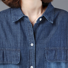 秋季简约中长款长袖口袋简约时尚风牛仔单排多扣，女装衬衫，莜菲儿