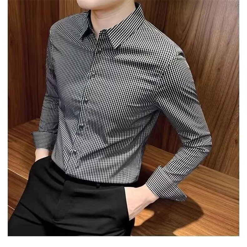 潮牌格子衬衫男士长袖春夏季商务高端休闲修身免烫上衣725,男装衬衫,星座1116A-2（原606A-1）