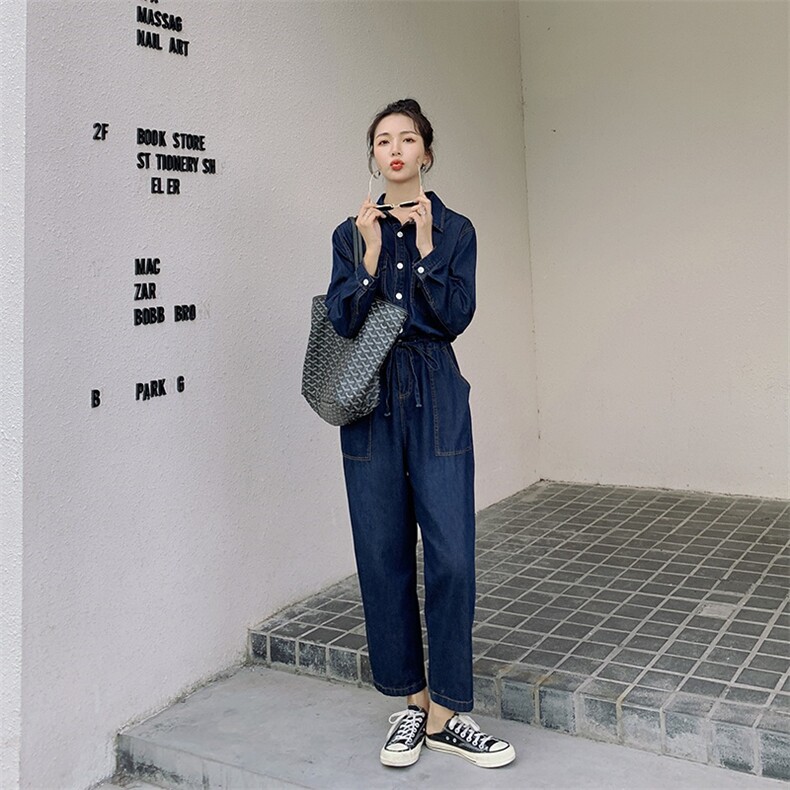 休闲减龄藏蓝色牛仔衬衫连体裤女2025春秋洋气超火巨好看工装长裤,女装牛仔裤,艾青服饰