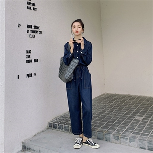 休闲减龄藏蓝色牛仔衬衫连体裤女2025春秋洋气超火巨好看工装长裤图片