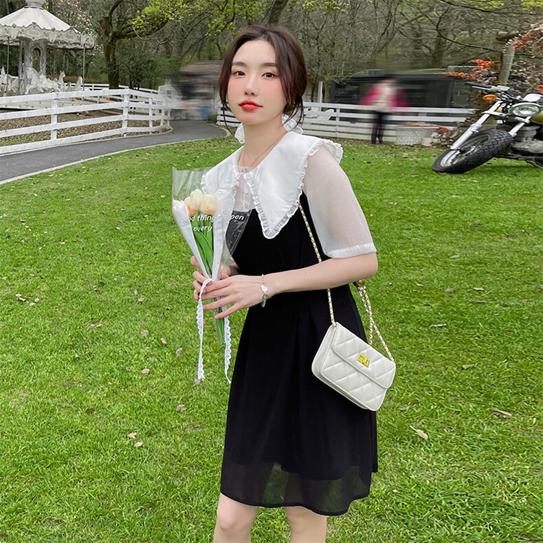 韩版学院风拼色连衣裙女2024夏季新款大尖领设计收腰气质感裙子,女装连衣裙,唯依ONLY
