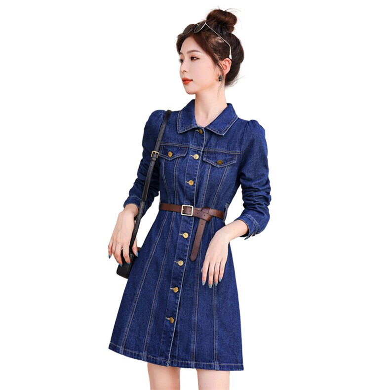 （现货）2025春装新款时尚修身显瘦牛仔长袖连衣裙短款（配腰带）,女装牛仔裙,印象茜