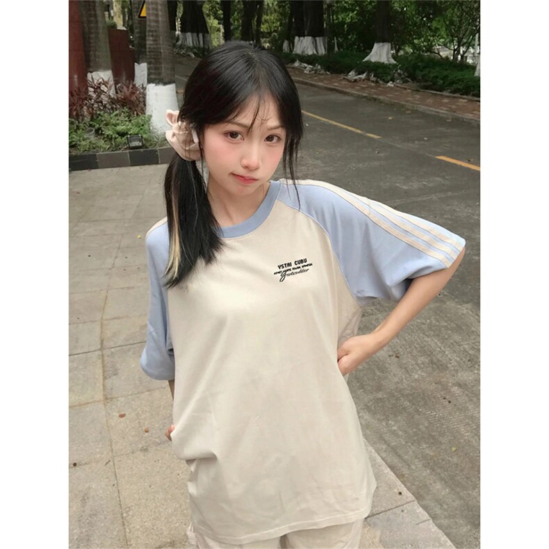 抖音得物品质二开240克宽松纯棉美式潮牌插肩三杠织带短袖T恤,男装T恤,电商A486