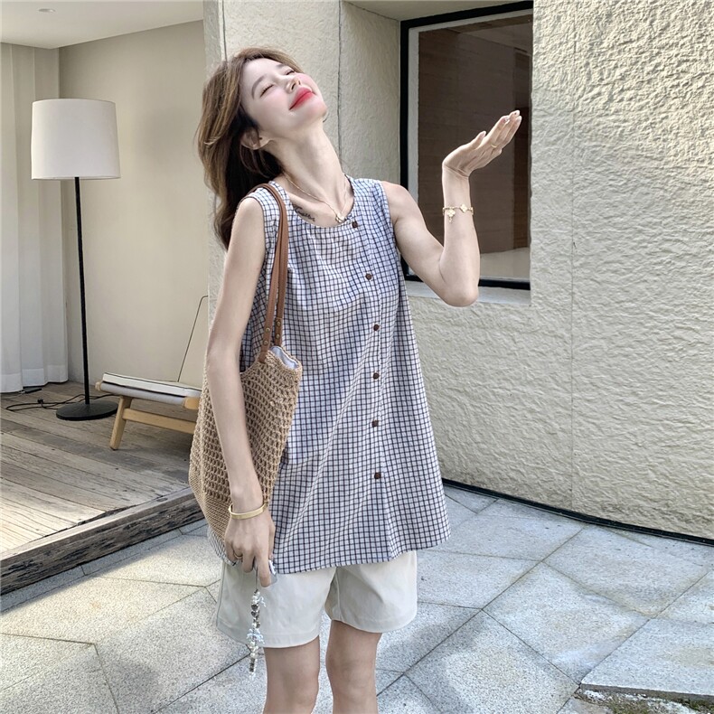 格纹套装女夏季2026新款韩系复古慵懒百搭显瘦背心高腰短裤两件套,女装套装/套裙,艾米莉亚
