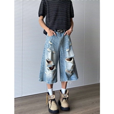 破洞七分裤男女韩版潮流帅气百搭2025夏季ins休闲短裤RK2831-P46，男装牛仔裤，星座412-2