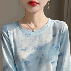花色圆领新款针织女长袖简约百搭宽松套头上衣，女装针织衫/毛衣，绒宛羊绒