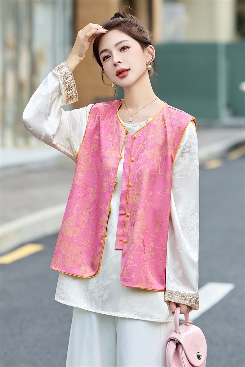 2025春季新款新中式g风提花短外套女高级感复古盘扣上衣外套,女装马甲,韩美纤衣
