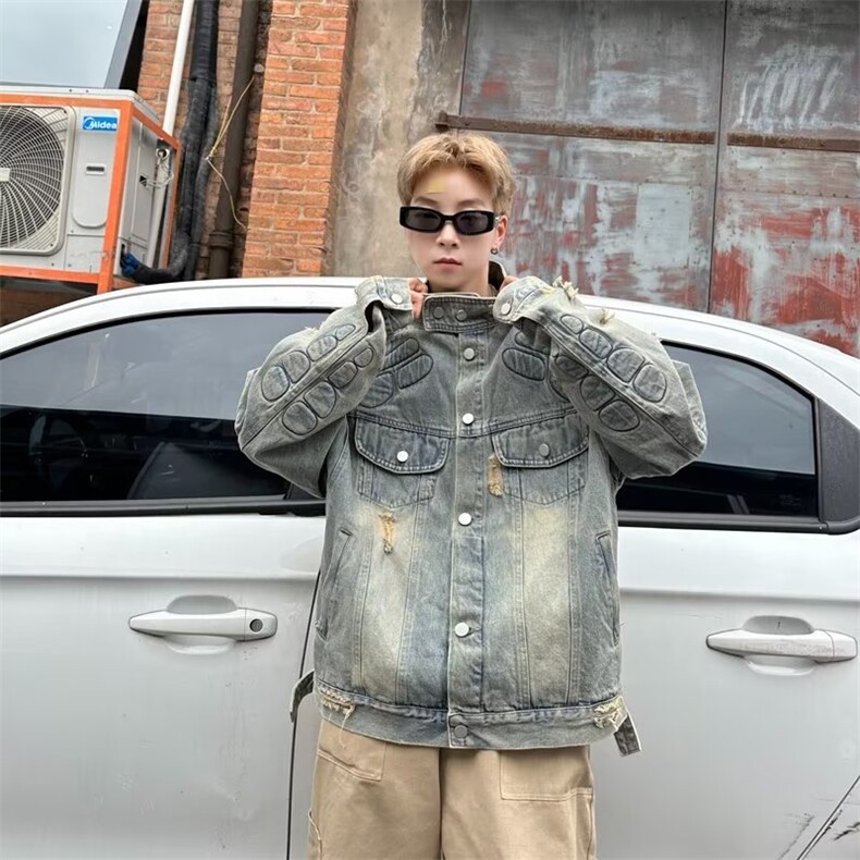 高街美式设计感破洞定制机车牛仔外套盔甲男女情侣款夹克JK829,男装夹克,星座1116A-1（原606A）
