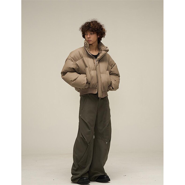 现货5W件冬季三防重磅硬挺boxy短款羽绒立领PU皮棉衣外套加厚棉服,男装棉衣,电商A486