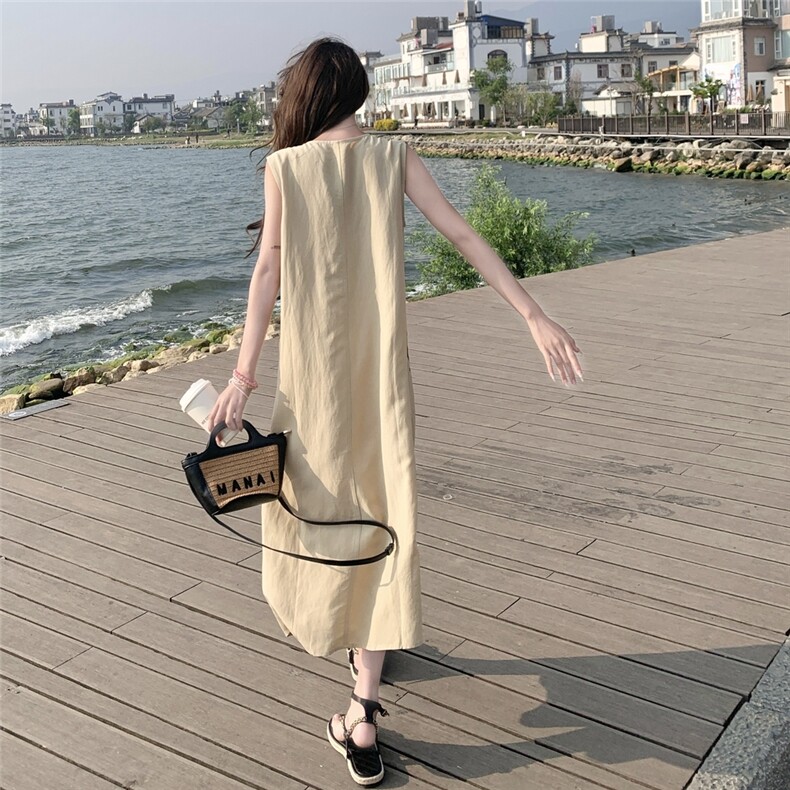 现货，无袖套头中长款麻类浅黄色连衣裙1C042-P150-K220,女装连衣裙,安在秀