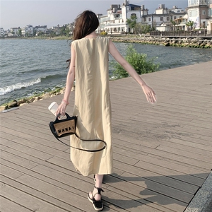现货，无袖套头中长款麻类浅黄色连衣裙1C042-P150-K220图片