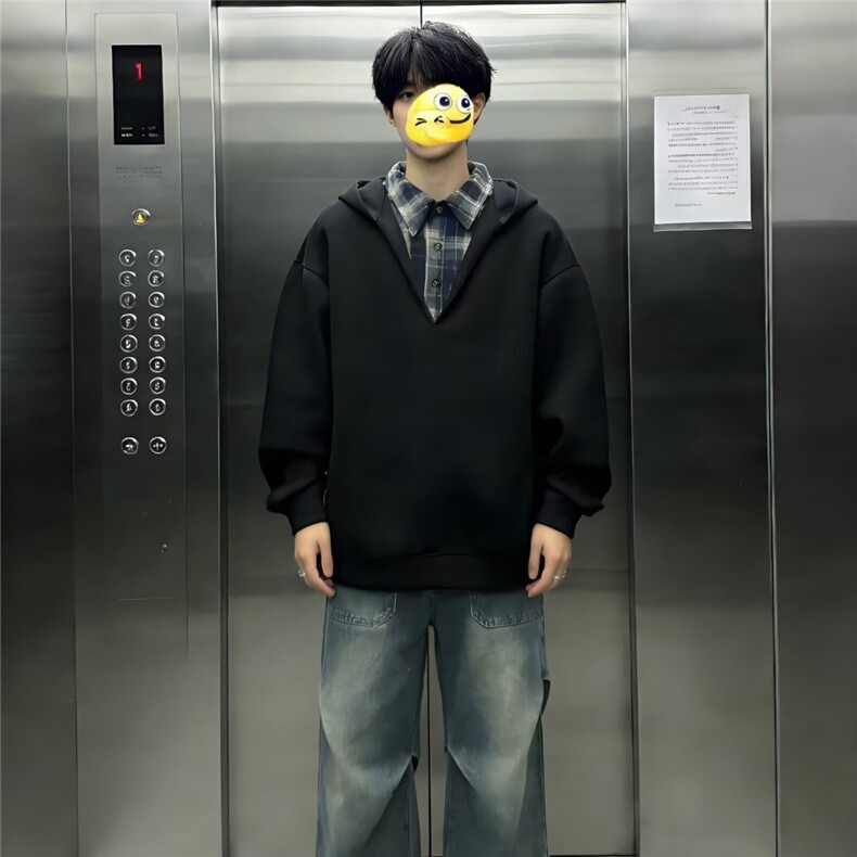美式潮牌小众高街假两件翻领卫衣衬衫拼接层次感上衣LWY077-P49,男装衬衫,星座1008