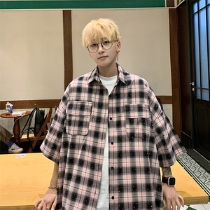 高品质  重工烫钻格子短袖衬衫满天星男士帅气百搭衬衣c107图片