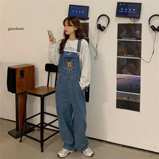 2025年童趣古着感复古宽松洗水牛仔刺绣卡通背带裤四季可穿男女潮，男装休闲裤，星座506A