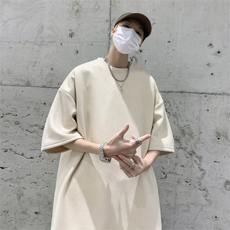抖音得物直播高品质二开240克美式高街麂皮绒光版纯色短袖t恤12.5,男装T恤,电商A486