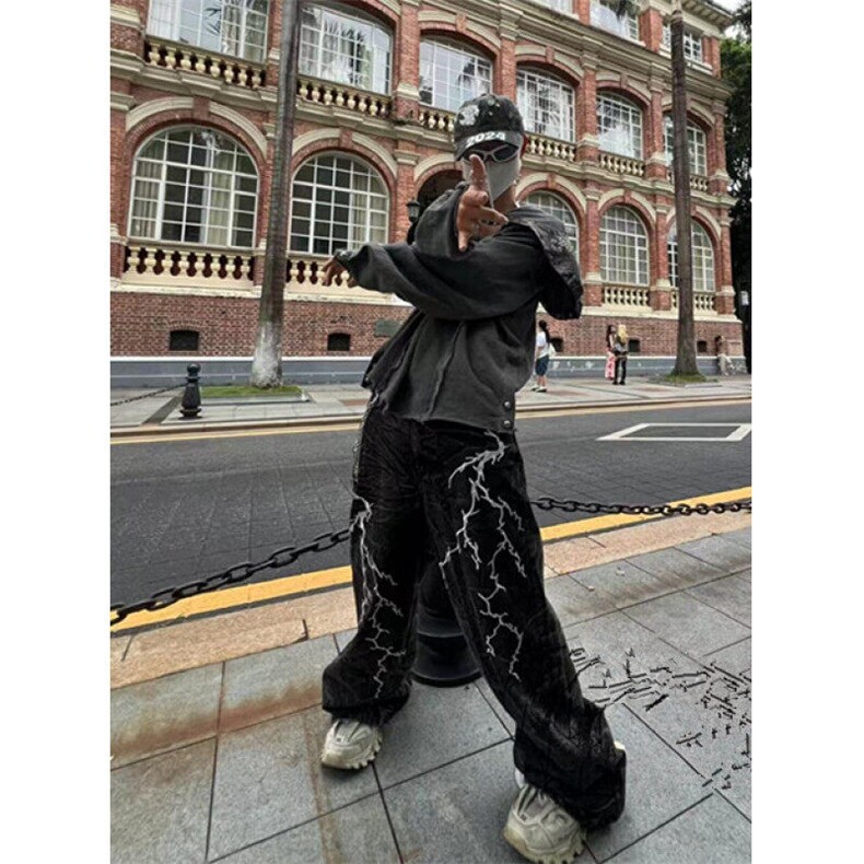 小众闪电刺绣阔腿牛仔裤男春秋季宽松休闲水洗长裤NG110,男装牛仔裤,星座1116A（原606A-3）
