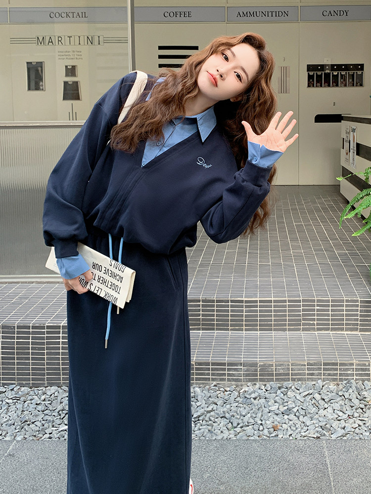 韩系松弛感学院风假两件卫衣套装女2025秋季新款气质半身裙两件套,女装套装/套裙,2D034
