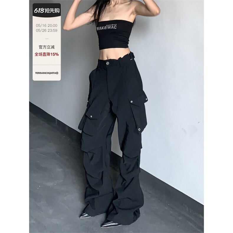 美式高街vibe机能多口袋工装裤男女cleanfit宽松休闲褶皱微喇叭裤图片