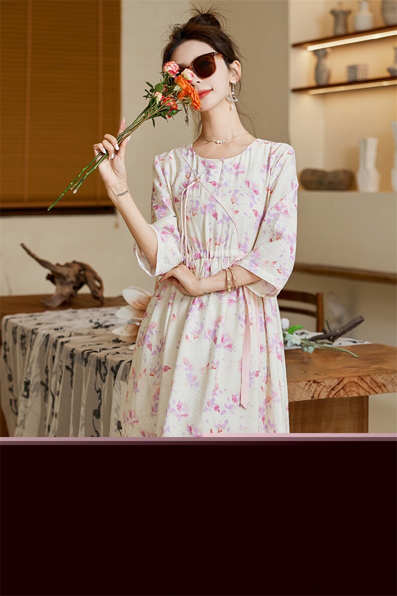 棉麻碎花连衣裙女大码2025夏季新款新中式洋气妈妈高级感碎花裙子,女装连衣裙,世纪海洋