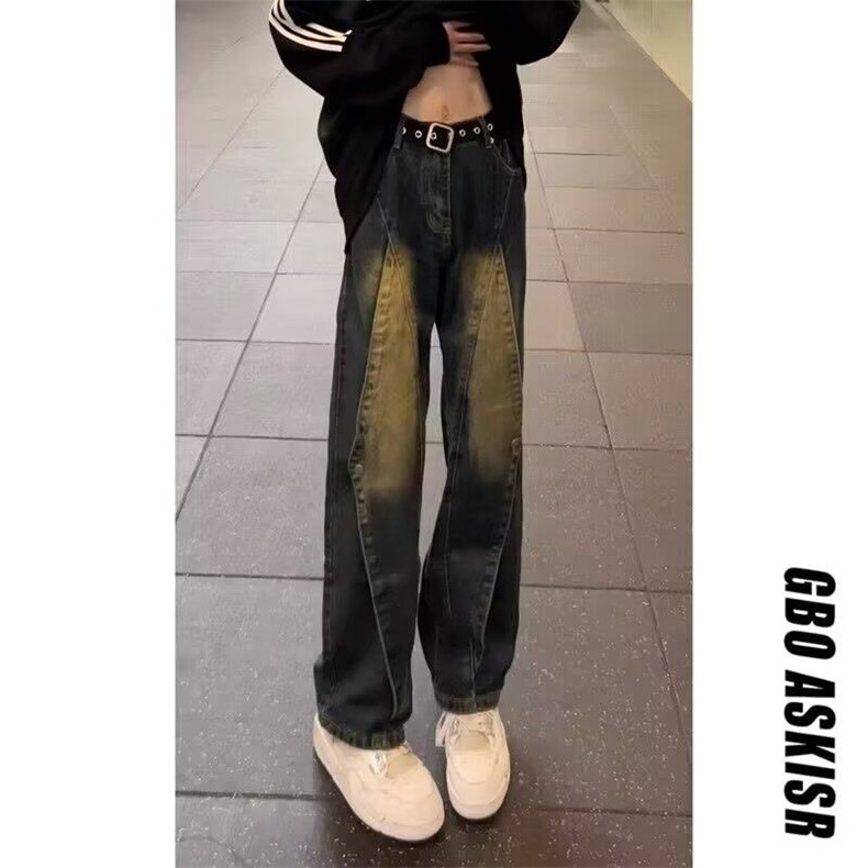 复古重工美式高街做旧水洗牛仔裤女秋季潮牌小众结构拼接微喇裤潮,男装牛仔裤,星座506A