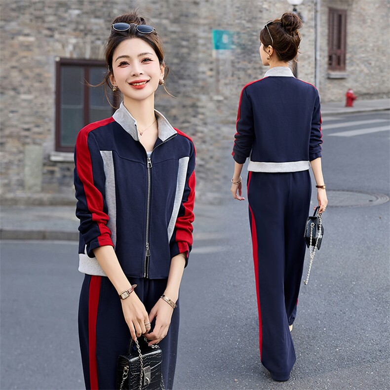 运动套装女春秋2025新款时尚显瘦开衫拼色休闲服立领卫衣两件套棉，女装套装/套裙，凝聚力