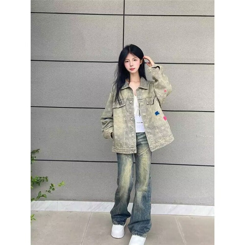 美式街头黄泥水洗做旧复古牛仔衣男女宽松潮牌夹克外套JK897-P75图片