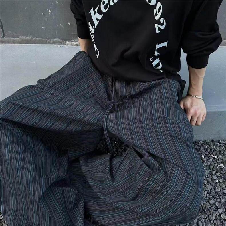 美式复古条纹弯刀阔腿裤男女休闲宽松设计感拖地长裤K20100-P58,男装休闲裤,星座1008