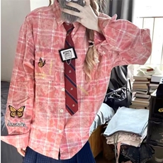 DB252-P55美式蝴蝶刺绣格子衬衫长袖男女宽松情侣衬衣-网图现货，男装衬衫，星座603-2