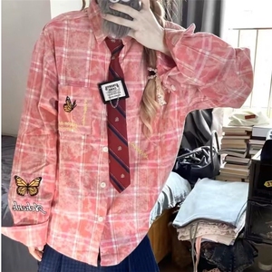 DB252-P55美式蝴蝶刺绣格子衬衫长袖男女宽松情侣衬衣-网图现货图片